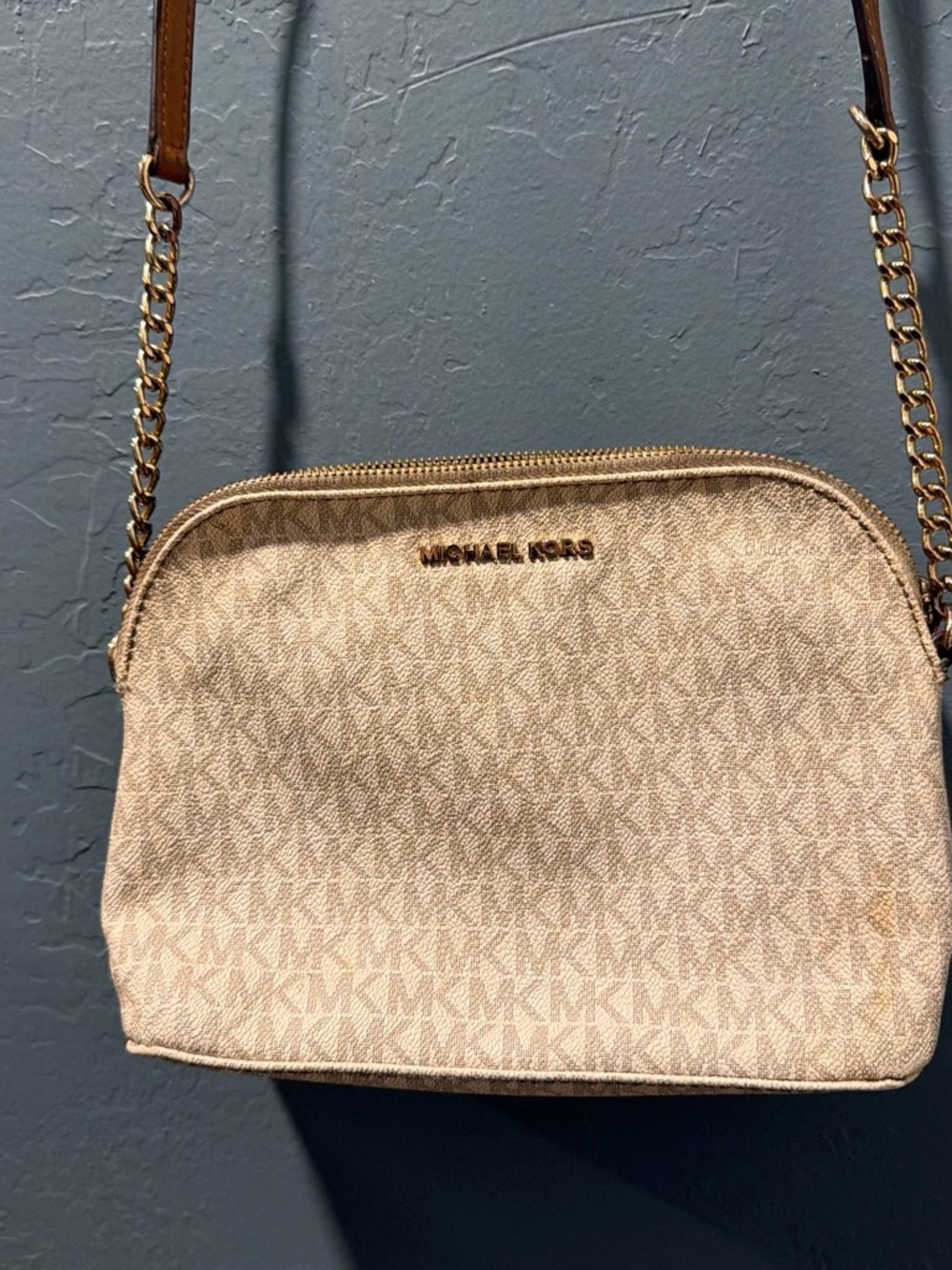 Michael Kors Beige Logo Crossbody with Gold Chain Strap